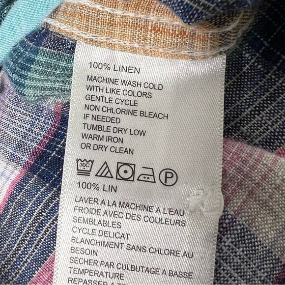 TOMMY BAHAMA / Polynesian Plaid Linen Shirt pink white blue plaid button up / M - Picture 5 of 7